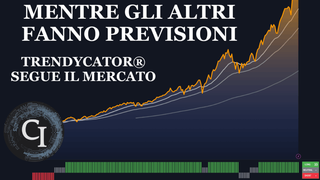 Il Buffett Indicator è ai massimi storici Immagine con S&P 500 su scala settimanale disegnato a linea gialla con Trendycator® sotto che ne evidenzia l'ancoraggio al Trend. Scritta bianca Mentre gli altri fanno previsioni Trendycator® segue il mercato.