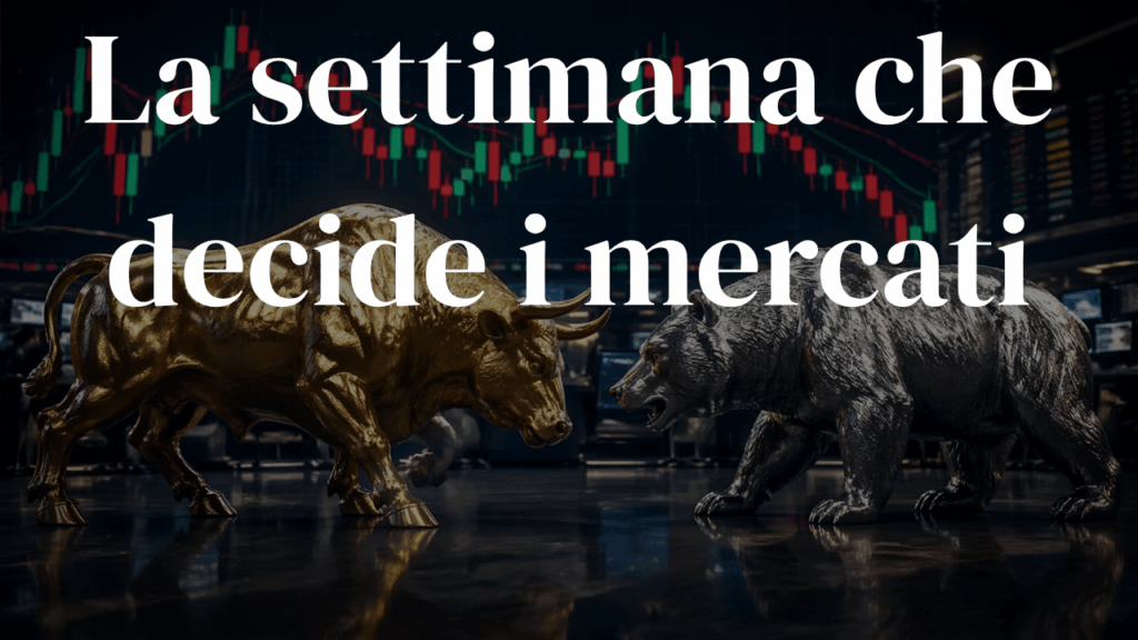 Warsh, Fed e BoJ: la settimana che decide i mercati Toro e Orso con grafico sullo sfondo e la scritta "FED e BOJ La settimana che decide i mercati"
