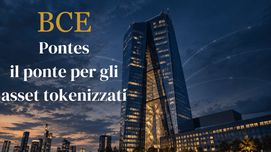 BCE, Pontes e il futuro dei pagamenti tokenizzati Immagine della BCE towers con dei fili immaginari che si diramano nel cielo e la scritta BCE il futuro dei pagamenti tokenizzati