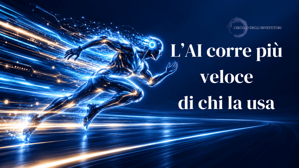 L’AI corre più veloce di chi la usa Immagine di un robot che corre veloce a simboleggiare l'AI che corre veloce su sfondo navy.