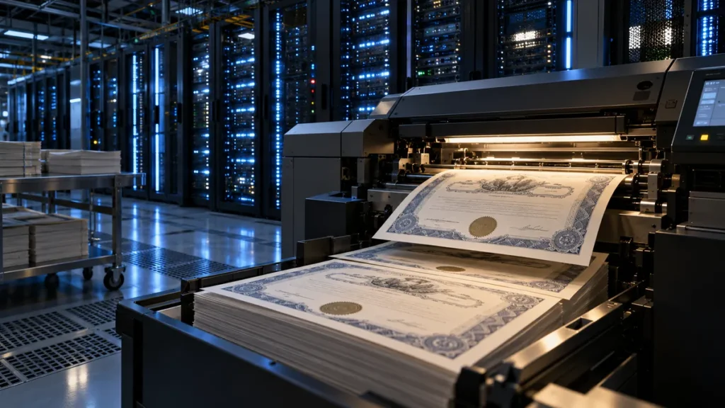 Alphabet emette azioni, Microsoft le ricompra Una stampante industriale produce certificati azionari all’interno di un data center illuminato da file di server.