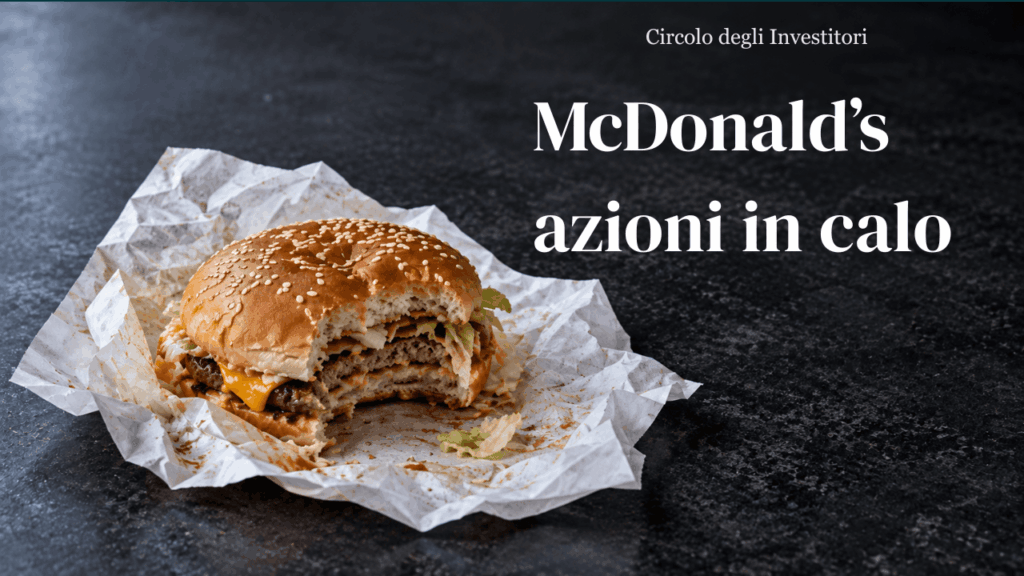 Azioni McDonald’s in calo Hamburger addentato su carta unta e sfondo scuro, copertina dell’articolo sulle azioni McDonald’s in calo