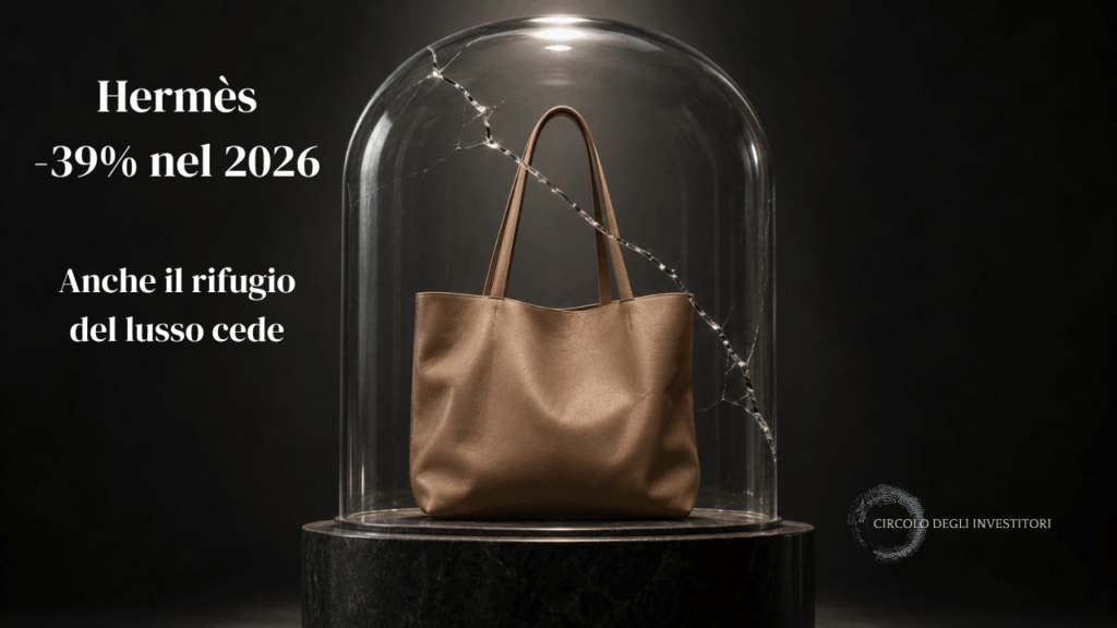Borsa in pelle color cuoio sotto una campana di vetro incrinata, accanto alla scritta “Hermès −39% nel 2026, anche il rifugio del lusso cede”