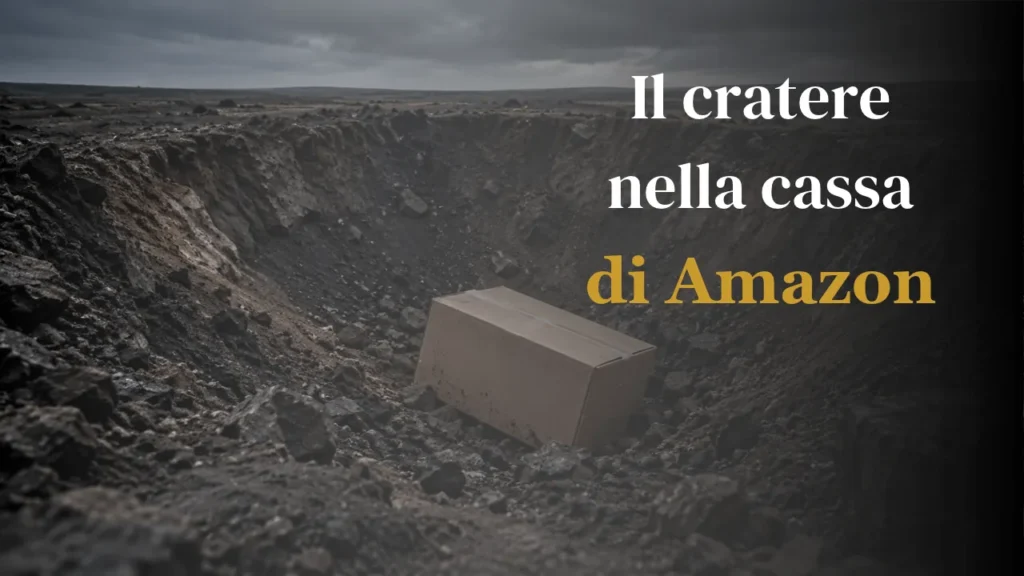 Il cratere nella cassa di Amazon Pacco di cartone in fondo a un cratere di terra scura sotto un cielo grigio, con la scritta “Il cratere nella cassa di Amazon”