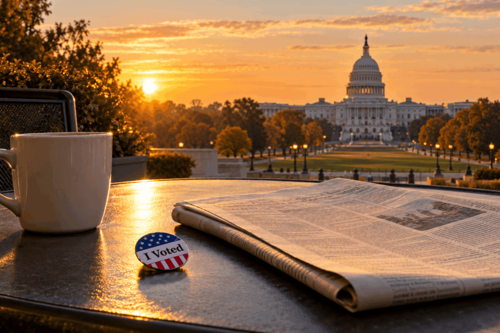 Midterm: dal 1946 le Borse salgono sempre dopo il voto Spilla “I Voted” su un tavolino accanto a un caffè e a un giornale, con il Campidoglio di Washington all’alba sullo sfondo