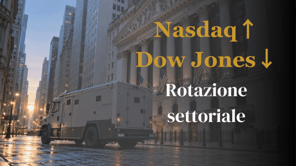 Nasdaq giù, Dow su: la rotazione dietro le trimestrali Facciata del New York Stock Exchange a Wall Street all’alba con un furgone portavalori. Titolo: Nasdaq su, Dow Jones giù, rotazione settoriale.