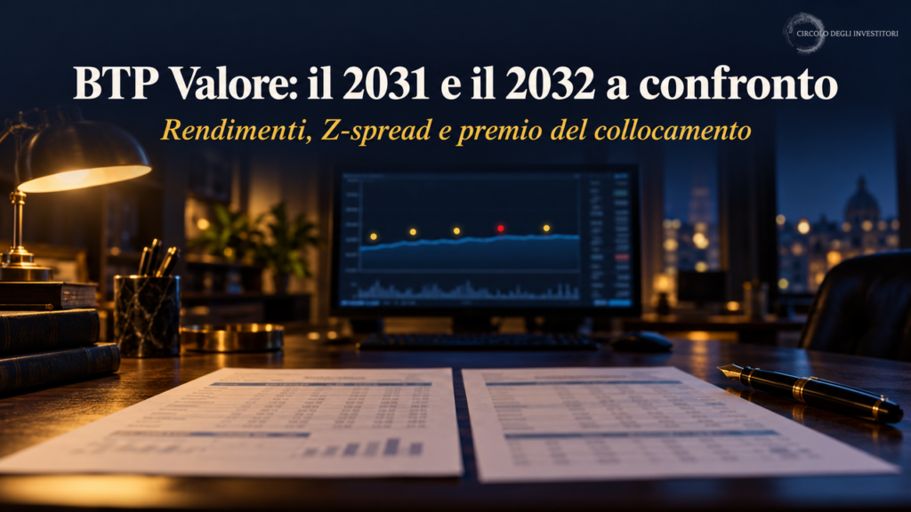 BTP Valore 2031: il confronto con il 2032 e gli altri BTP. Scrivania con un monitor che mostra la curva dei rendimenti e il confronto fra BTP Valore 2031 e BTP Valore 2032