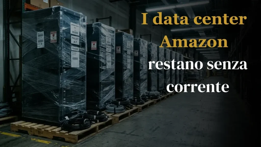 I data center Amazon restano senza corrente Immagine di un datacenter spento senza corrente. scritta "I data center di amazon restano senza corrente"