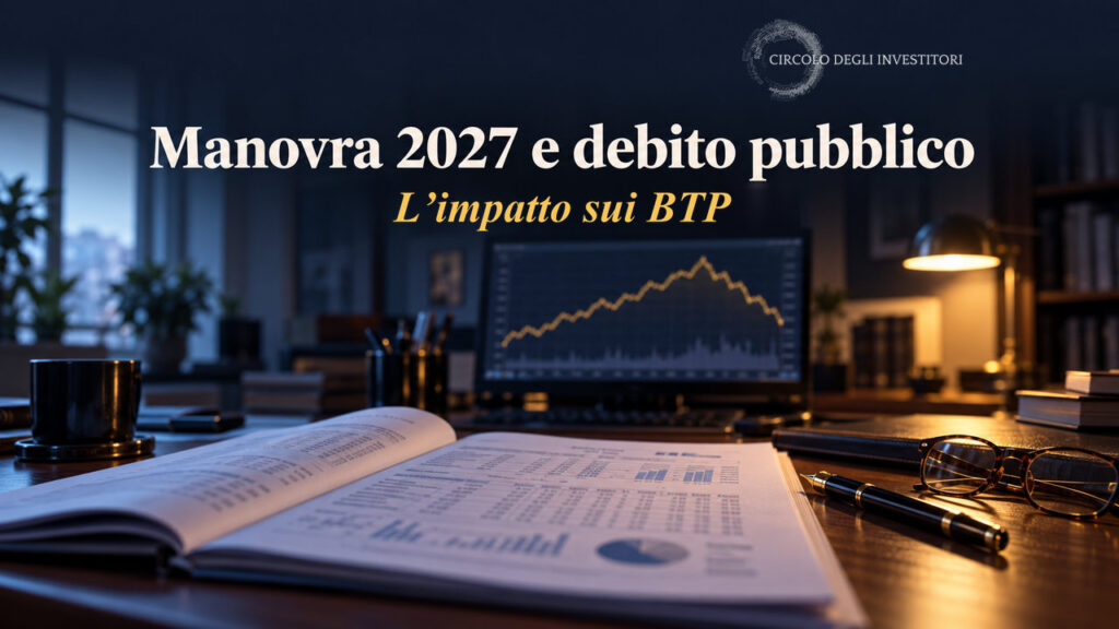 Manovra 2027 e debito pubblico: l’impatto sui BTP. Scrivania con un fascicolo di documenti di bilancio e un monitor che mostra un grafico dei rendimenti